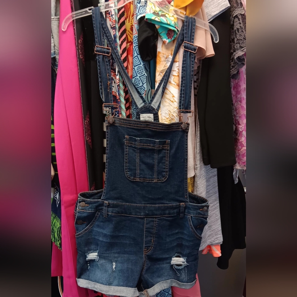 Denim Overalls with Distressed Detailing